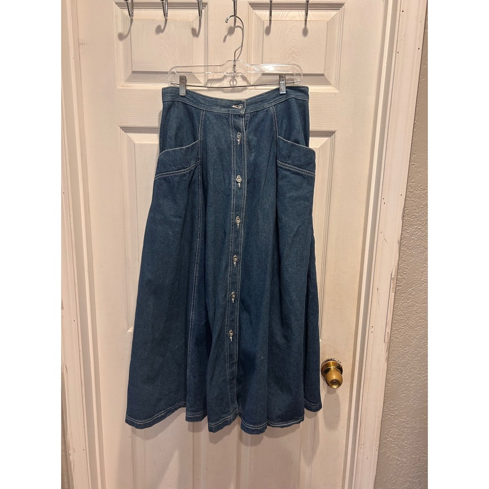 Vintage Chaus Sport Denim Button Front Maxi Skirt Size 12 Cottage Western Modest